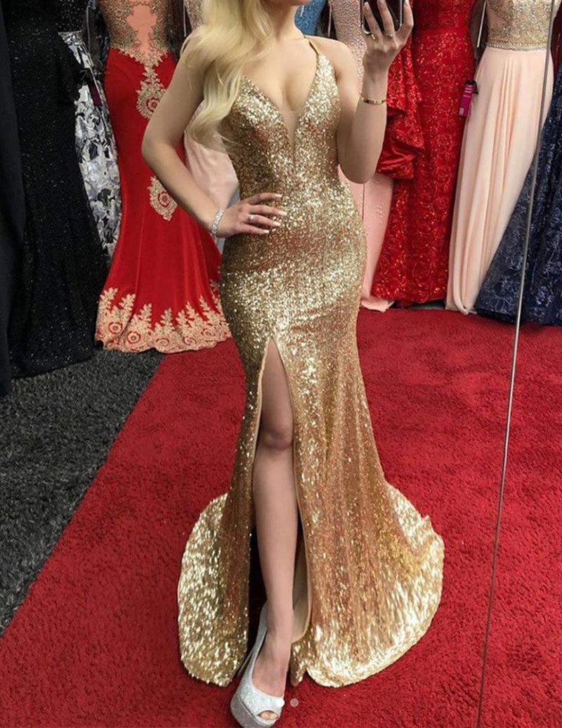 Unthony - V Neck Mermaid Sequins Golden Prom Dresses with Side Slit