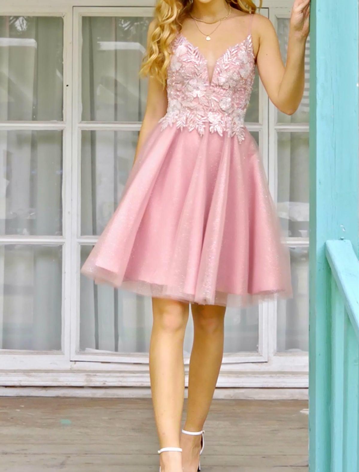 Unthony - A Line V Neck Open Back Pink Lace Prom Dress