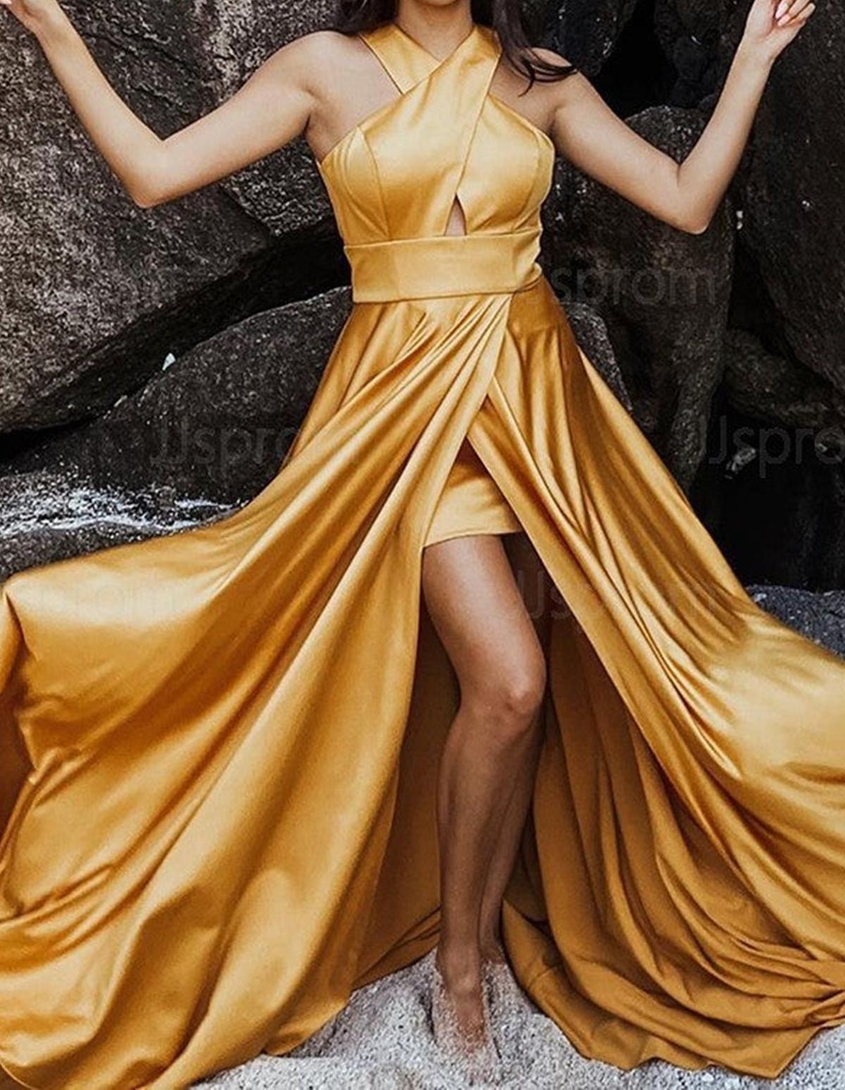 Unthony - Unique Open Back Yellow Satin Long Prom Dress with High Slit