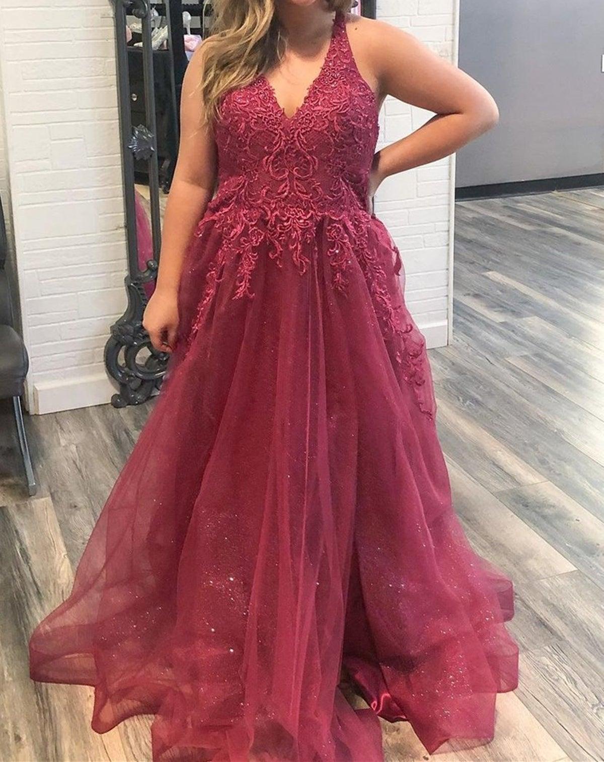 Unthony - Open Back V Neck Burgundy Lace Long Prom Dress