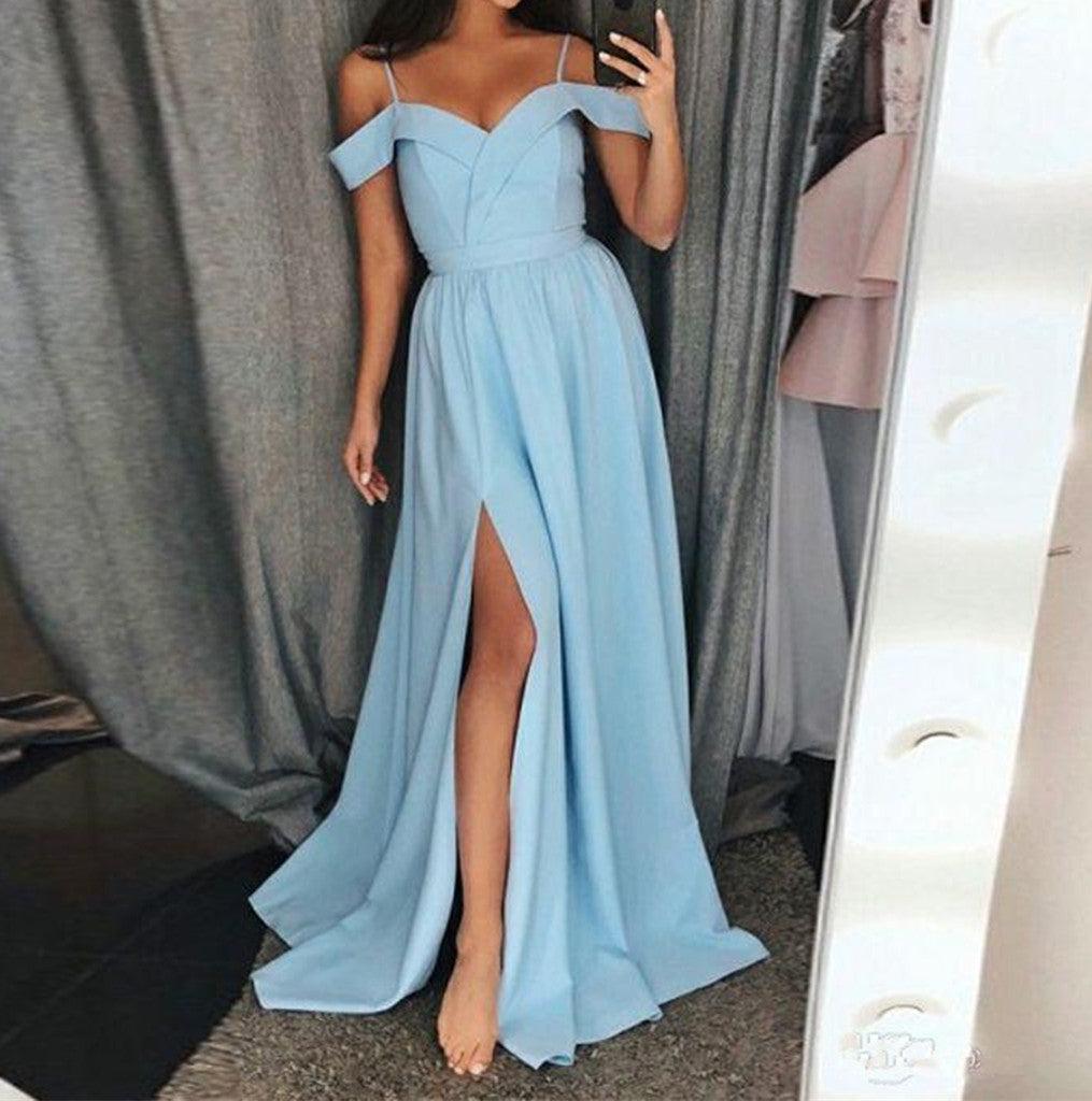 Unthony - Off Shoulder Chiffon Red/Blue Long Prom Dresses with Leg Slit