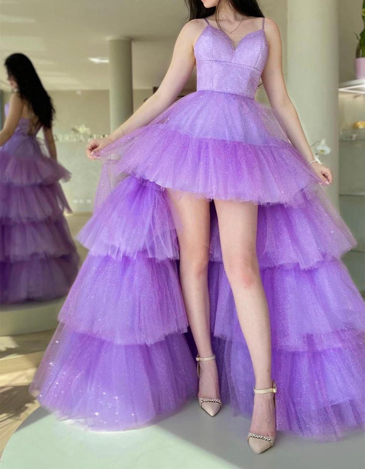 Unthony - High Low V Neck Layered Purple Tulle Long Prom Dresses