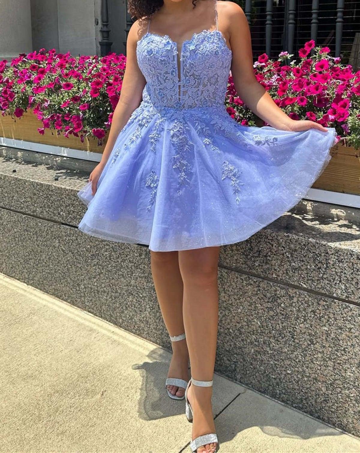 Unthony - V Neck Open Back Blue Lace Prom Dress