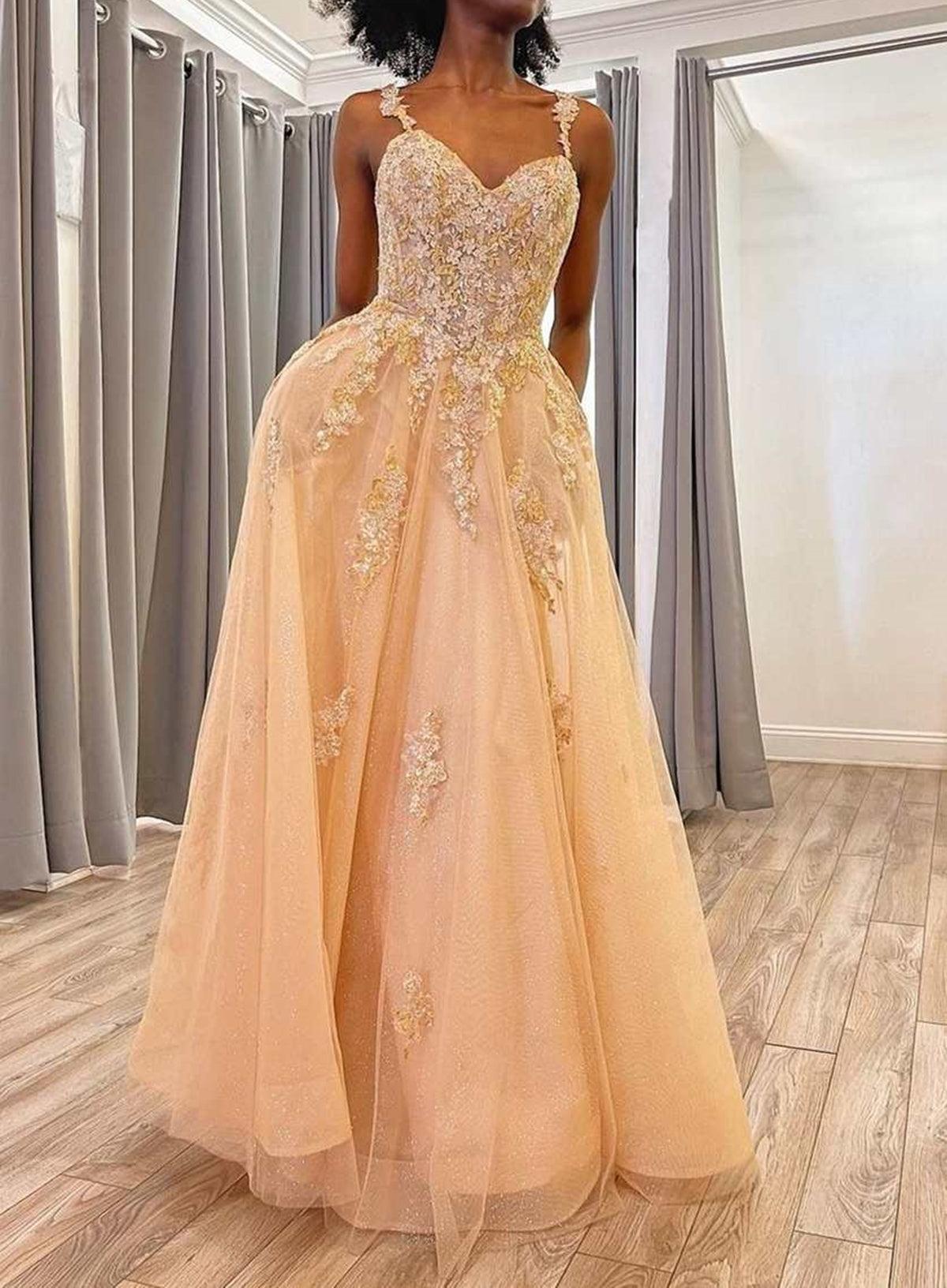 Unthony - A Line Open Back Champagne Lace Tulle Long Prom Dress