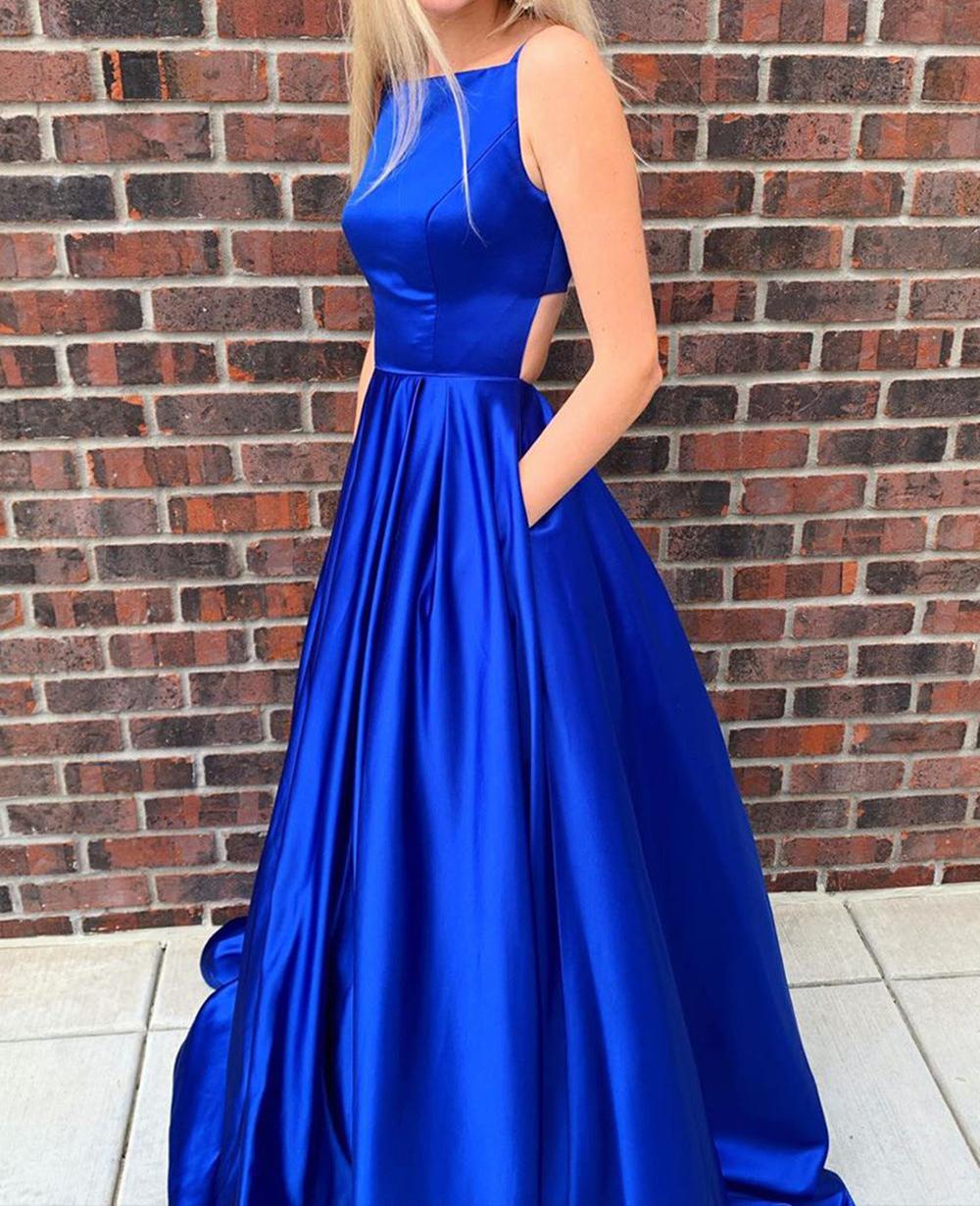 Unthony - Simple A Line Open Back Royal Blue Satin Long Prom Dress with Pocket