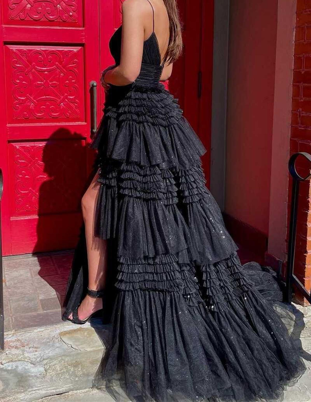 Unthony - V Neck Open Back Black Tulle Layered Long Prom Dress with High Slit