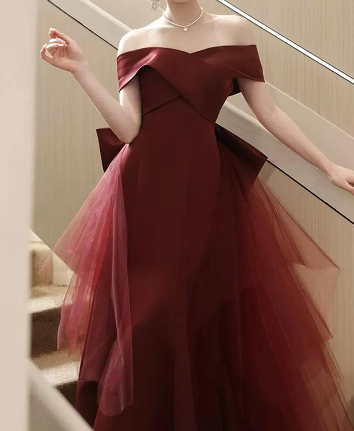 Unthony - Elegant Off Shoulder Mermaid Burgundy Long Prom Dress