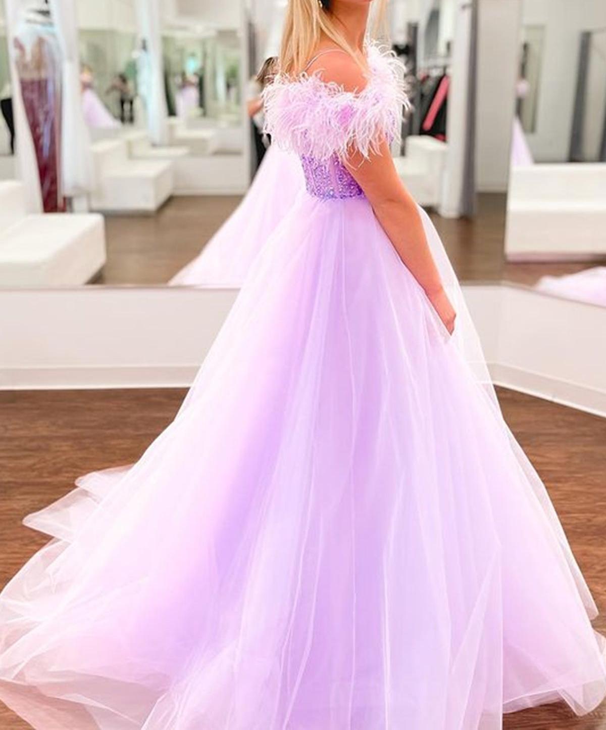 Unthony - Off Shoulder Beaded Lilac Tulle Long Prom Dresses