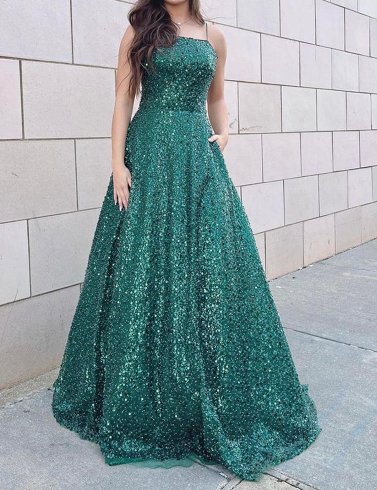 Unthony - Gorgeous Backless Green Sequins Long Prom Dress