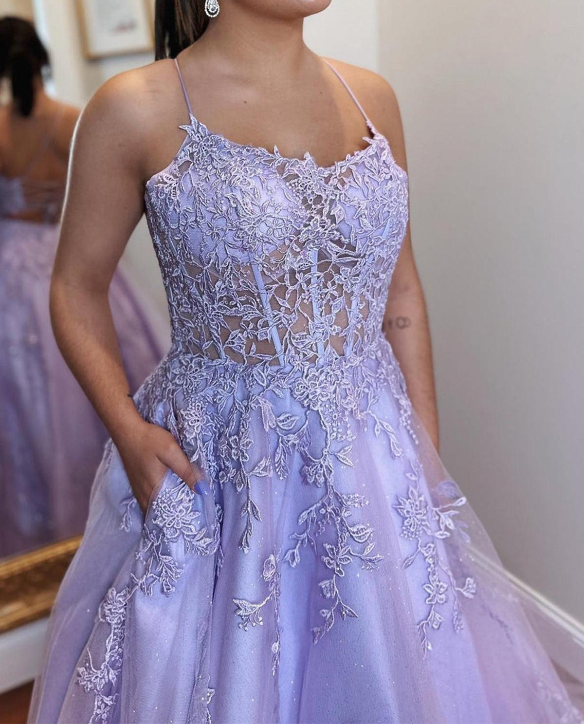 Unthony - Open Back Purple Lace Tulle Long Prom Dress
