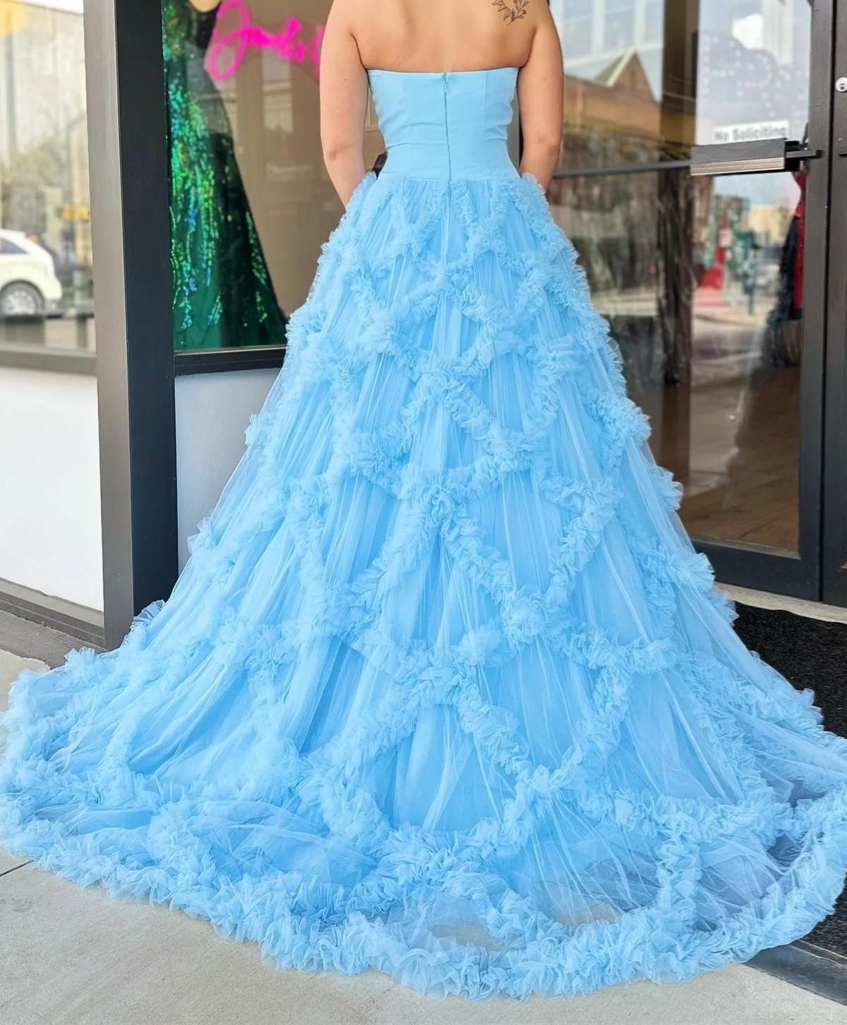 Unthony - Strapless Light Blue Tulle Ruffle Net Long Prom Dress