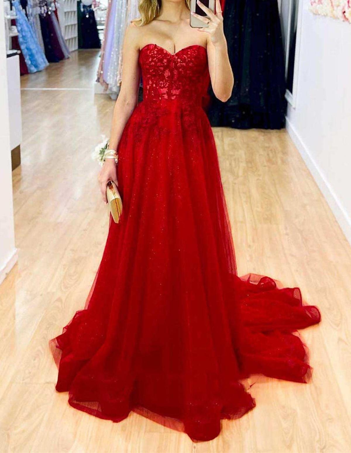 Unthony - Strapless Red Lace Long Prom Dress
