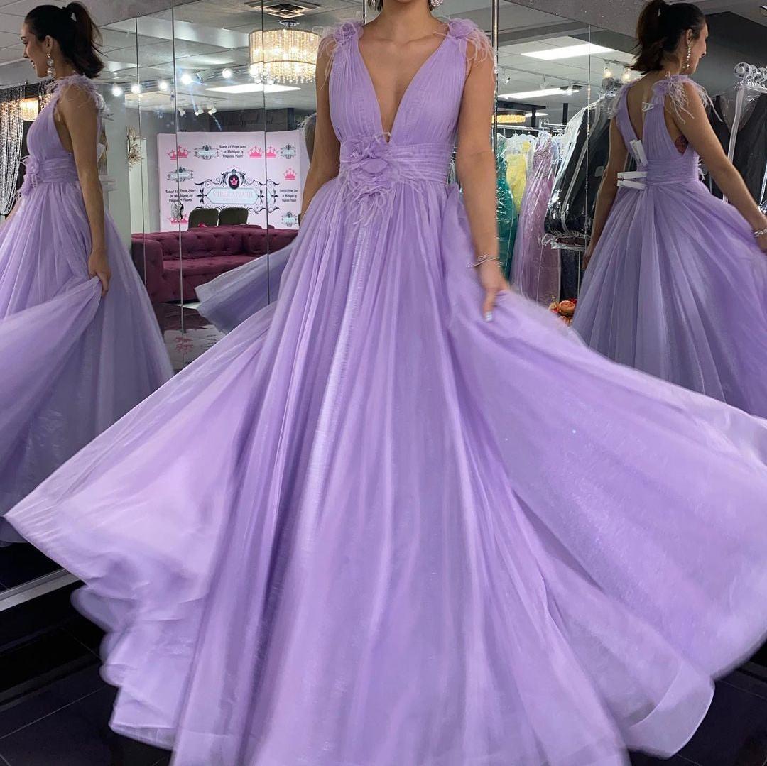 Unthony - Deep V Neck Purple Tulle Long Prom Dress