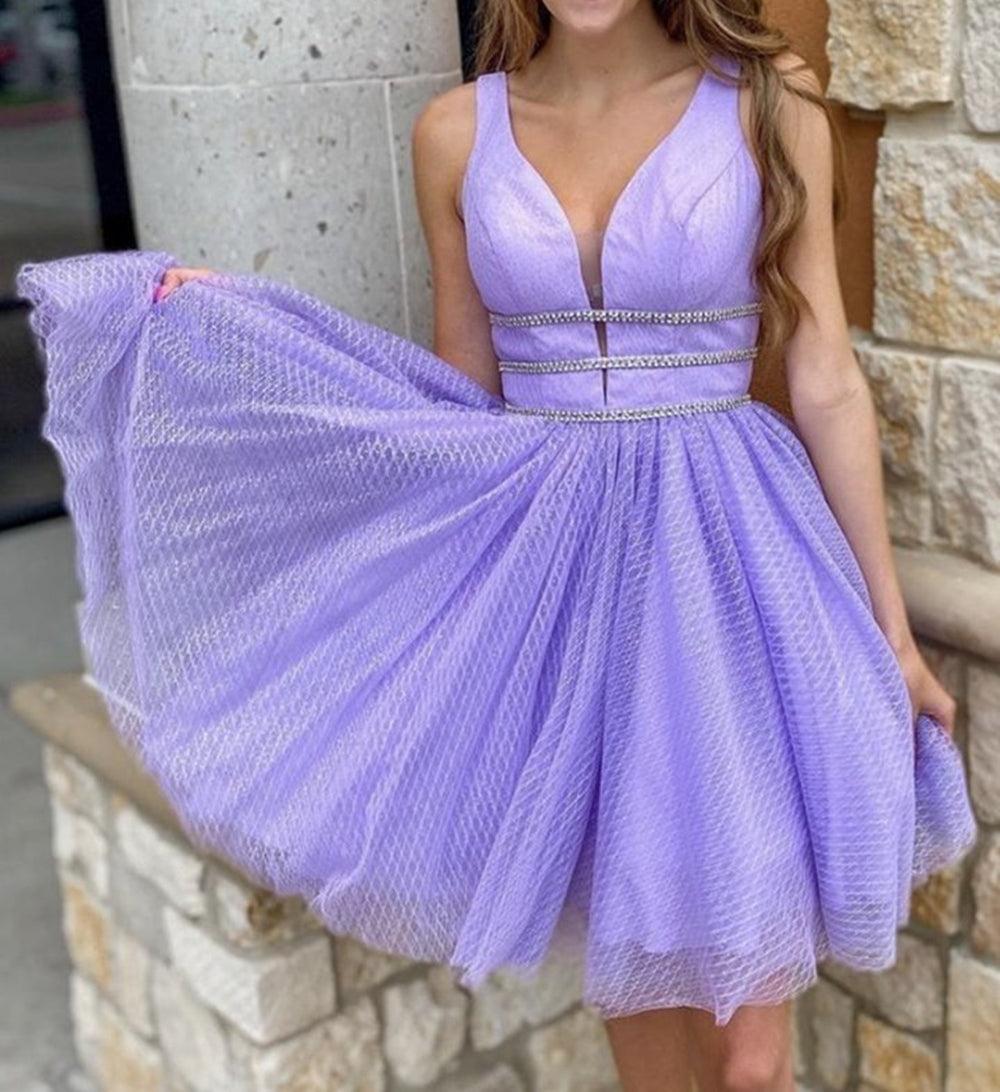Unthony - Cute V Neck Short Purple Prom Dress with Belt
