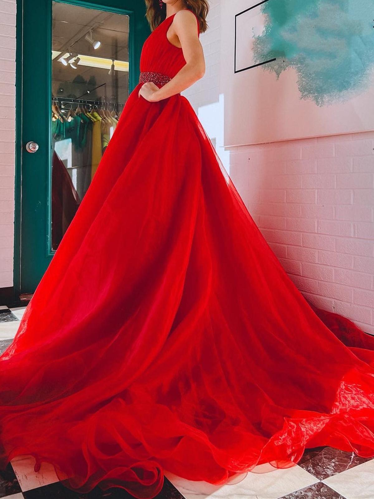 Unthony - A Line V Neck Red/Blue/Orange Long Prom Dress with Beaded Belt