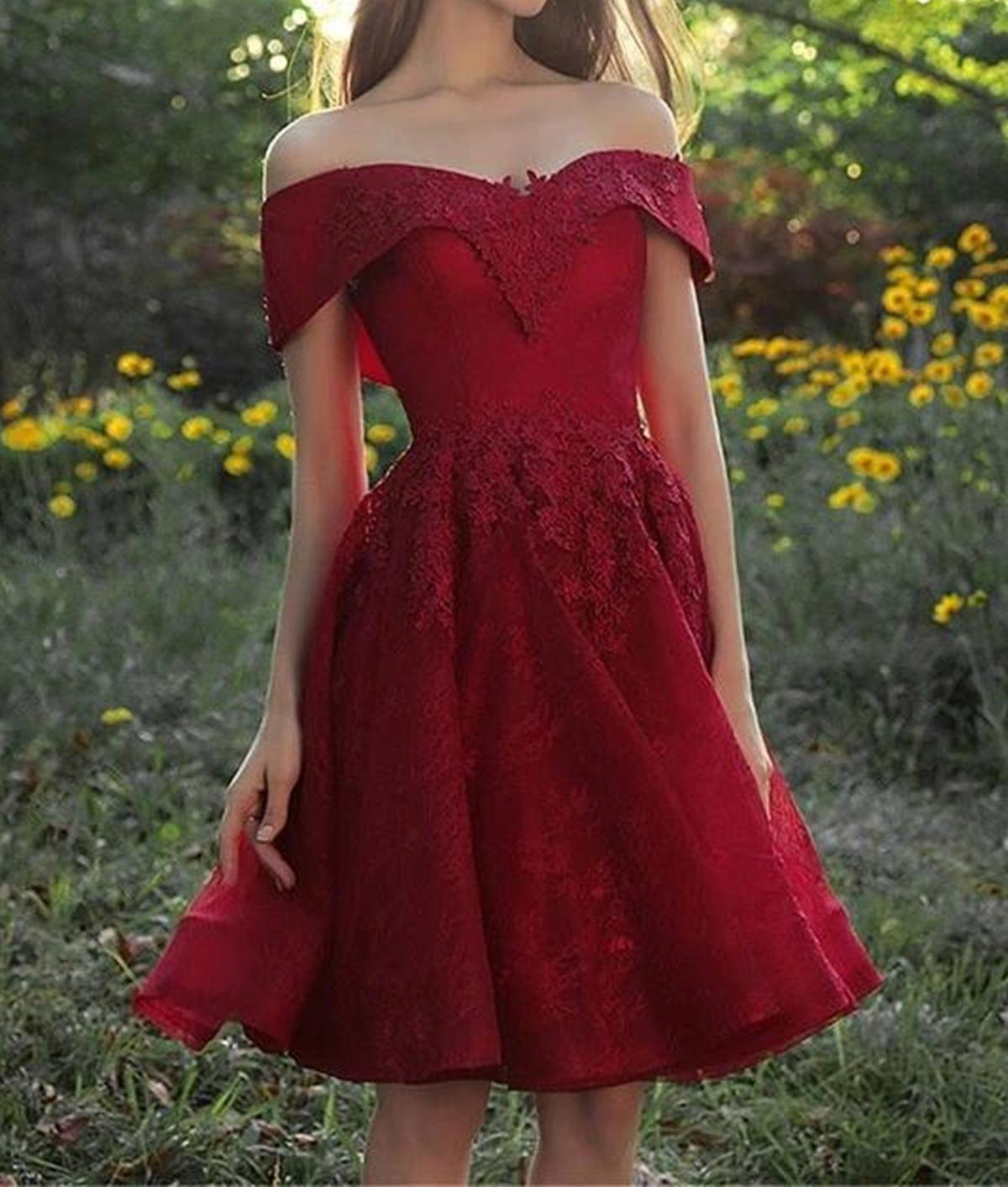 Unthony - Off Shoulder Burgundy Lace Prom Dress