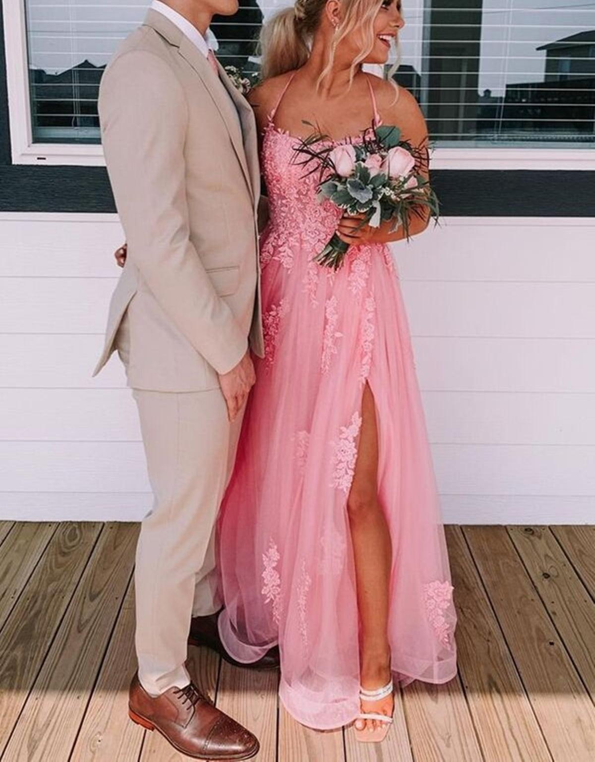 Unthony - Backless Pink Lace Appliqued Long Prom Dress with High Slit