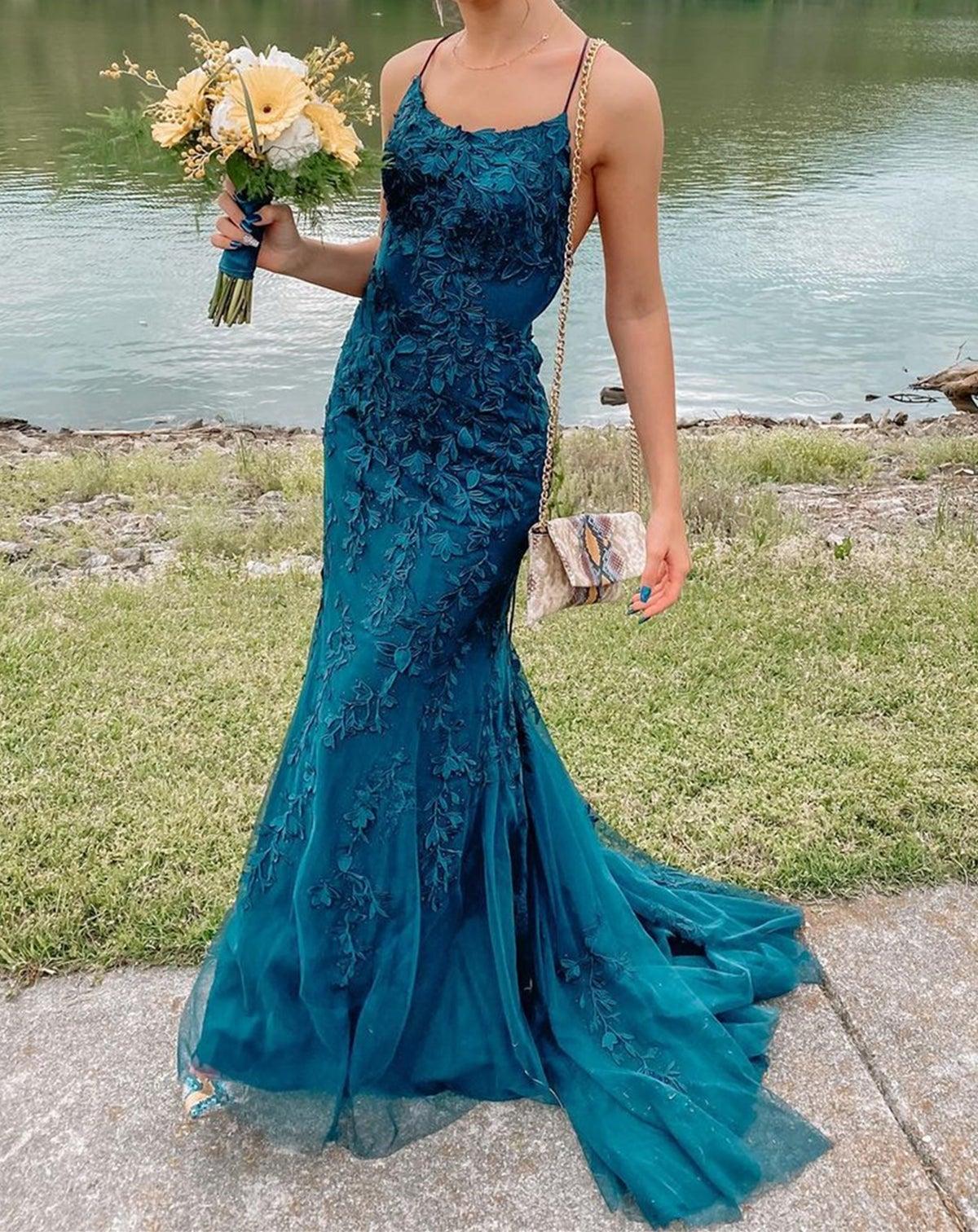 Unthony - Mermaid Backless Teal Lace Long Prom Dress