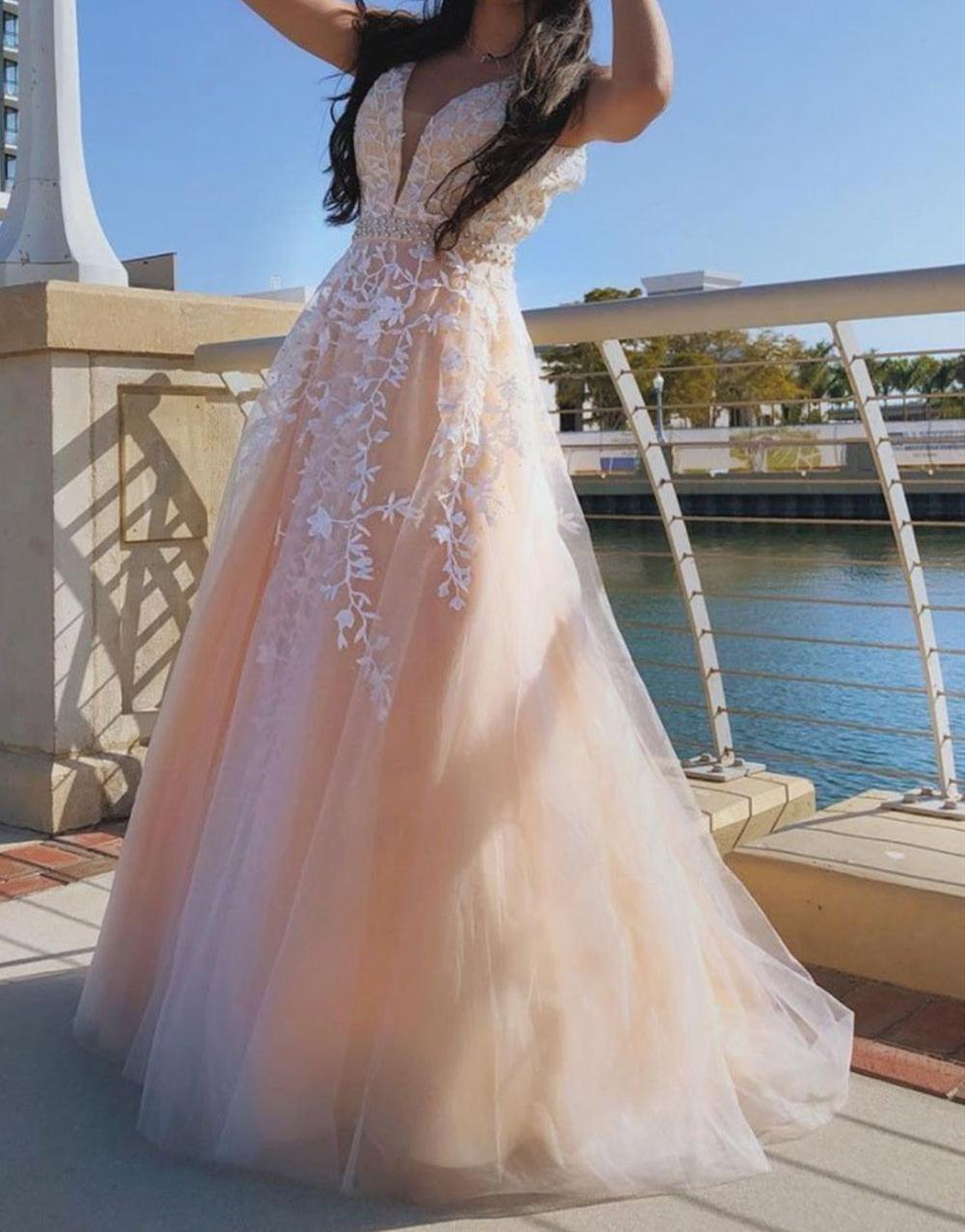 Unthony - A Line V Neck Pink Lace Long Prom Dress with Belt