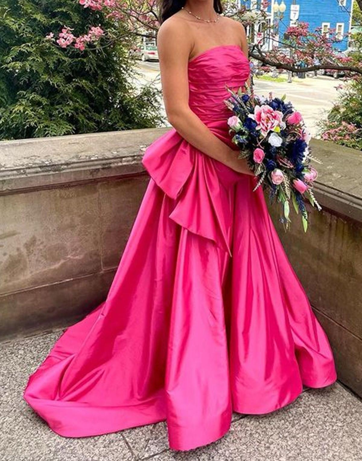 Unthony - Strapless Hot Pink Satin Long Prom Dress