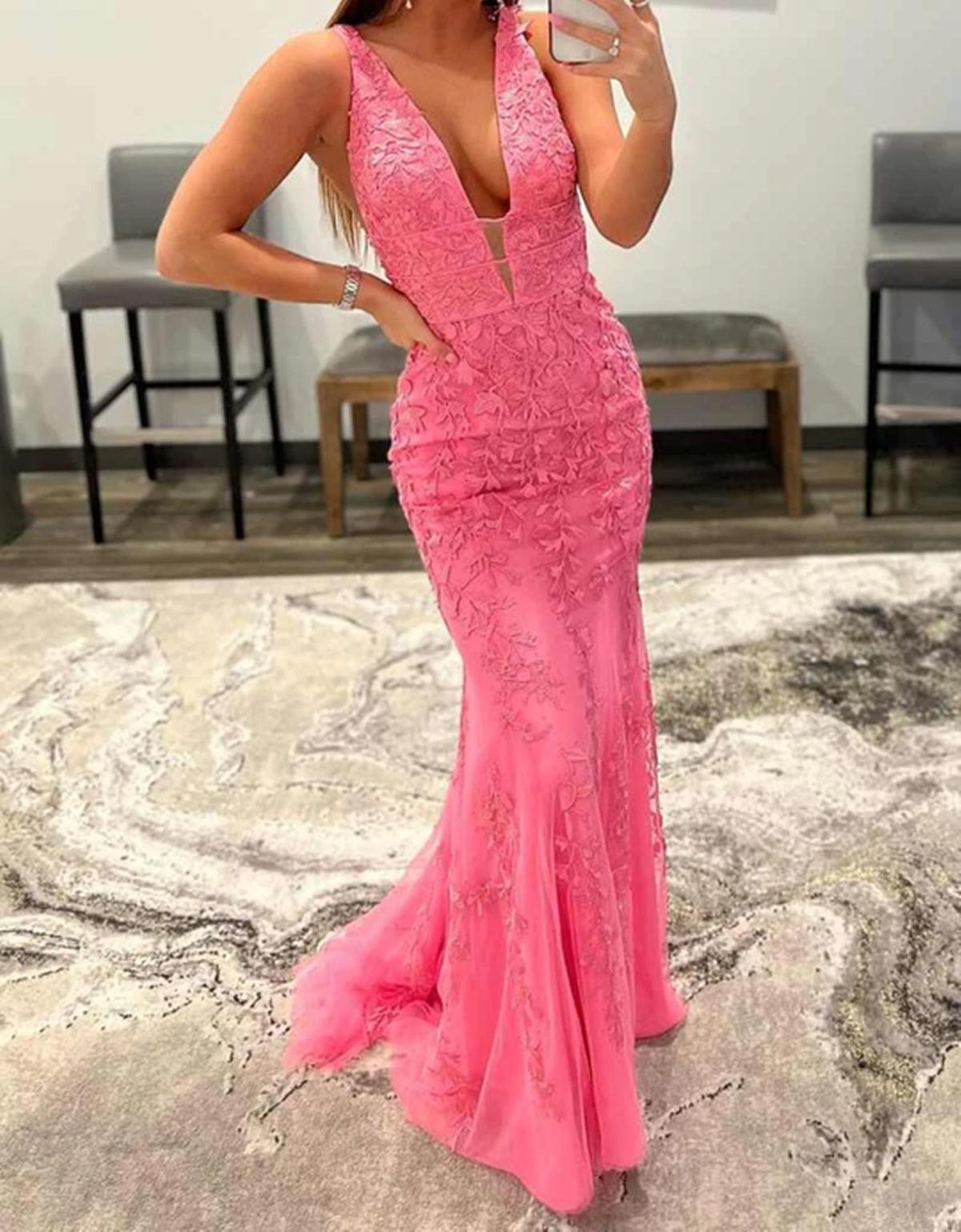 Unthony - Deep V Neck Mermaid Pink Lace Long Prom Dress