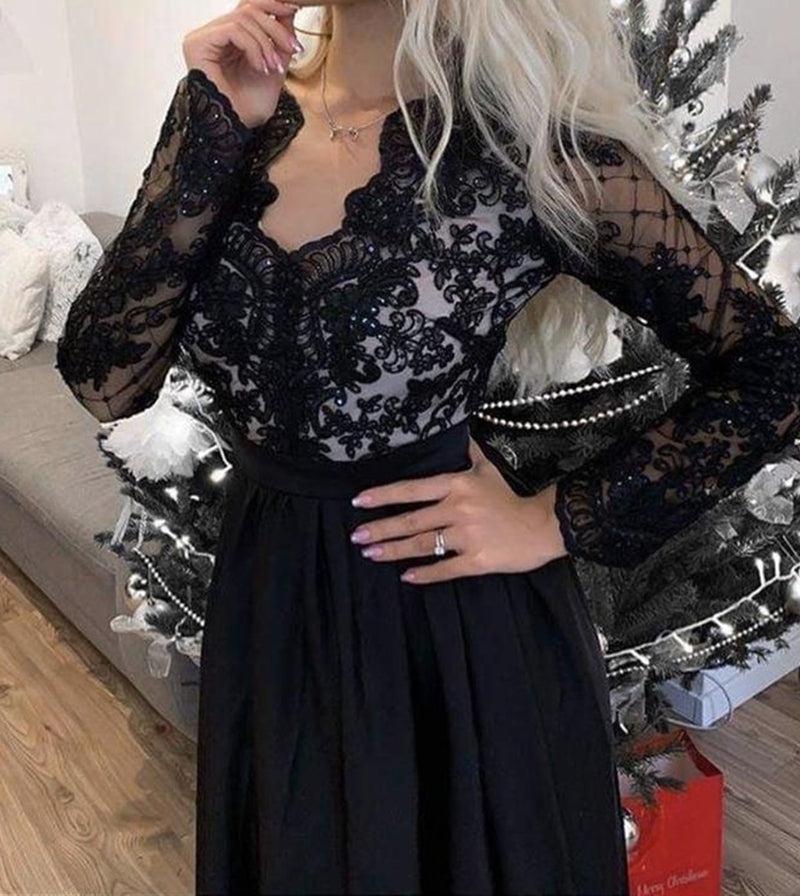 Unthony - Black Long Sleeves V Neck Lace Prom Dress with Slit