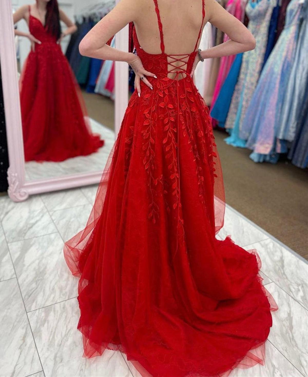 Unthony - A Line V Neck Backless Red Lace Long Prom Dress