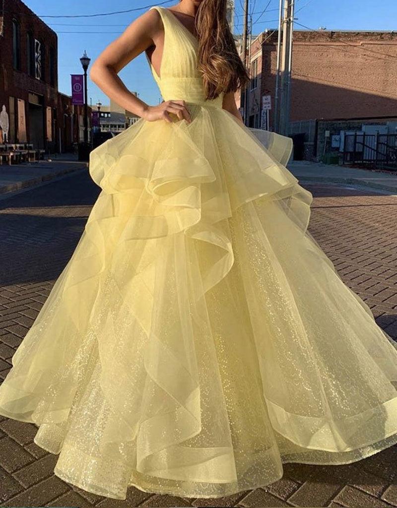 Unthony - Gorgeous V Neck Sequins Yellow Long Prom Dress