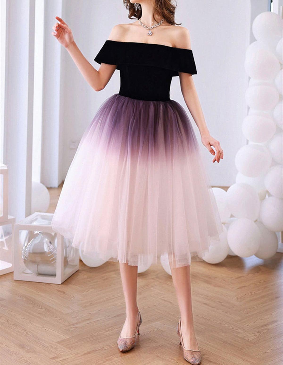 Unthony - Off Shoulder Ombre Tulle Short Prom Homecoming Dress