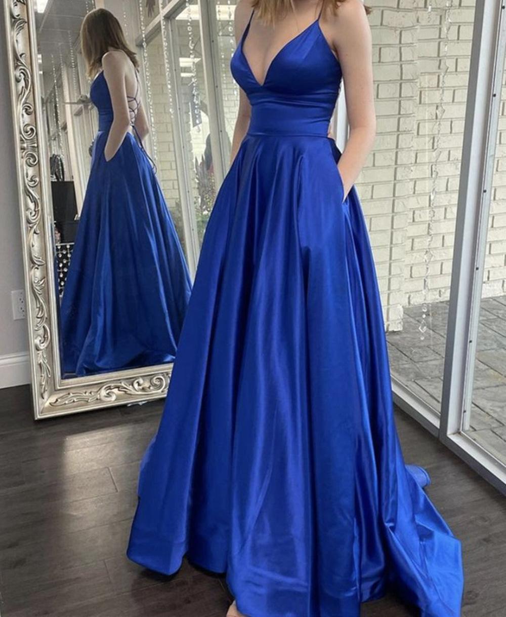 Unthony - A Line V Neck Backless Royal Blue Satin Long Prom Dress with Pocket