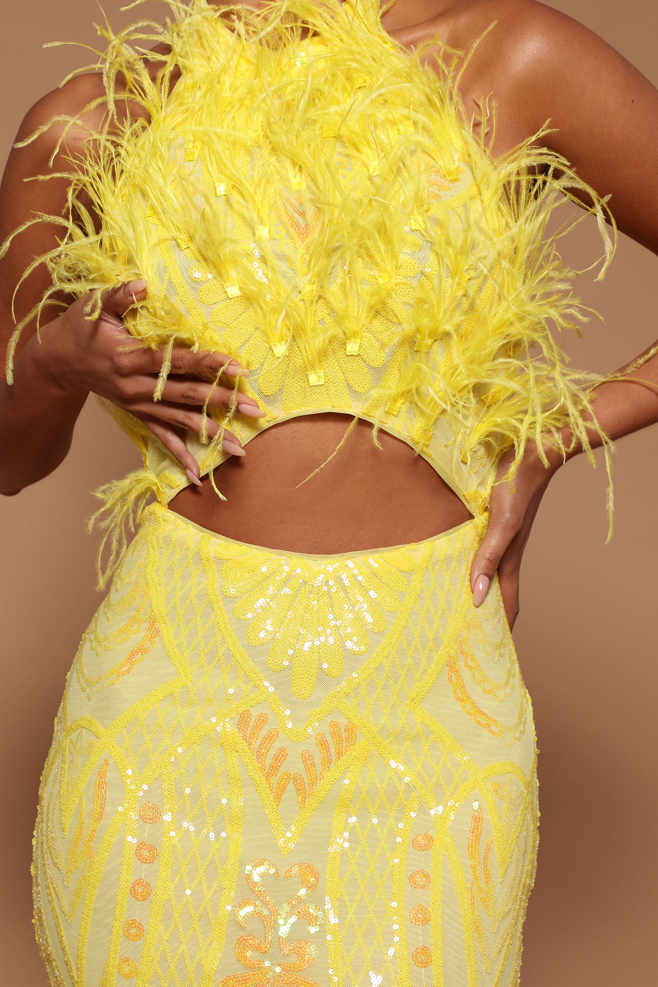 Carolina Feather Embellished Maxi Dress - Yellow