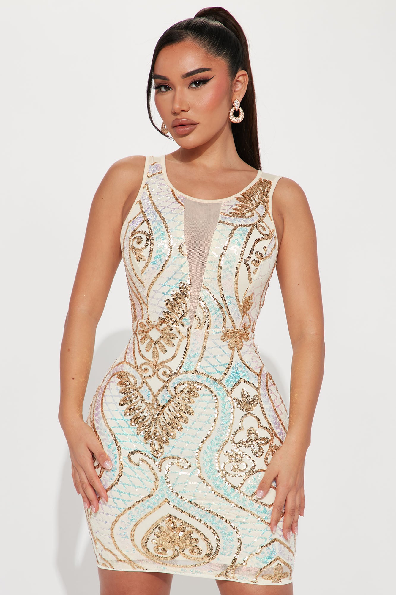 Arielle Sequin Midi Dress - Cream