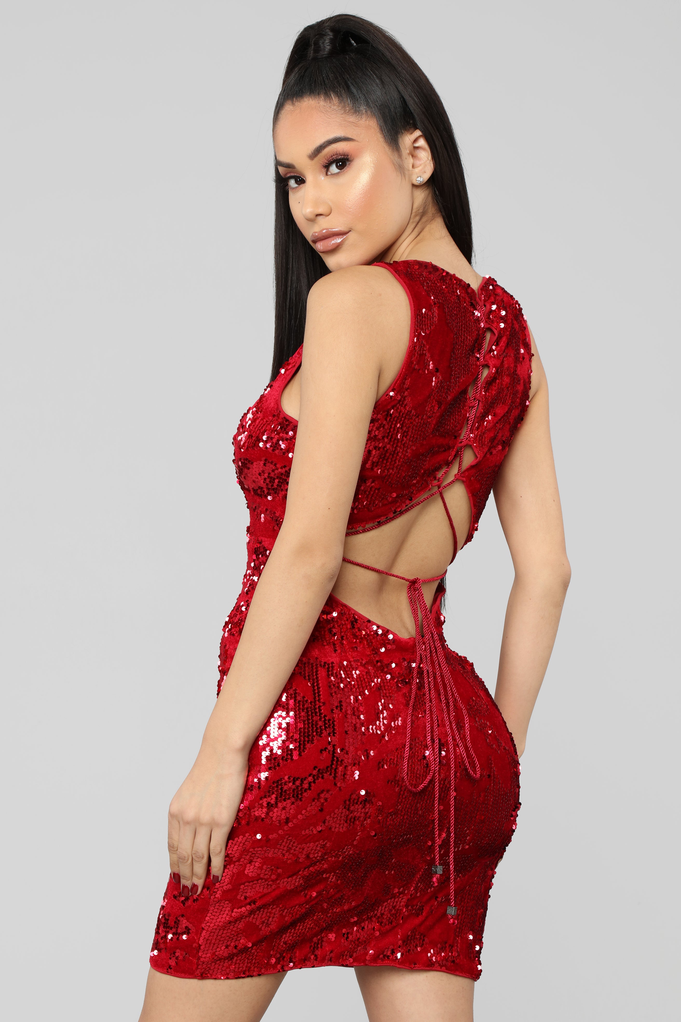 Countdown Sequin Velvet Dress - Red