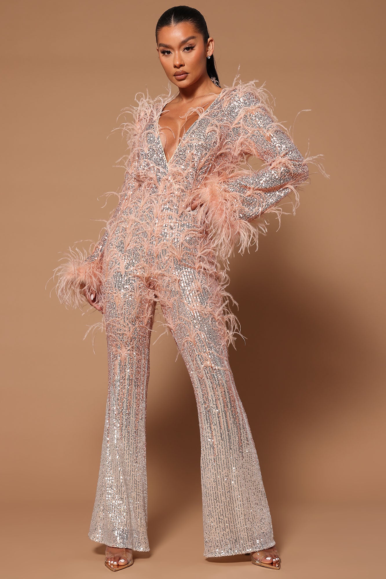 Ashlyn Sequin Feather Trim  Jumpsuit - Nude