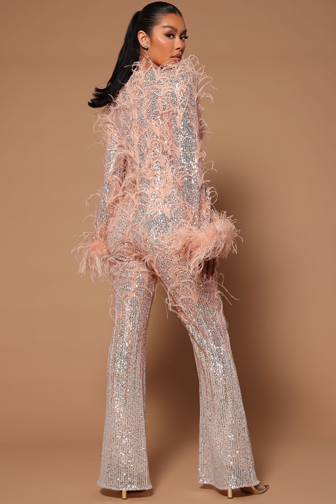 Ashlyn Sequin Feather Trim  Jumpsuit - Nude