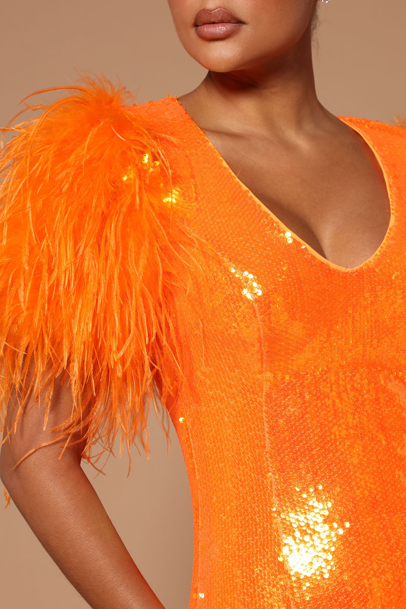 Amina Sequin Feathered Mini Dress - Orange