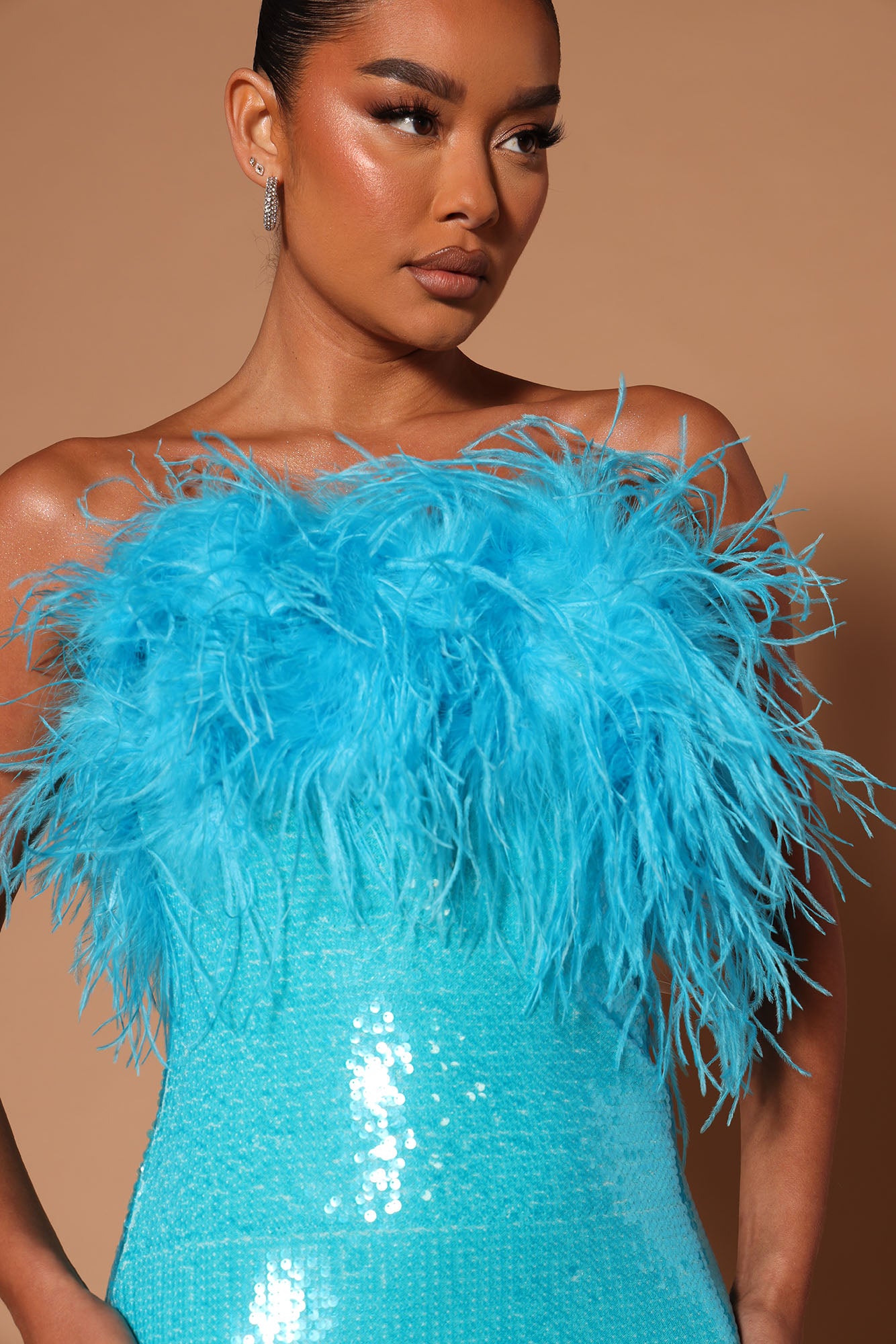 Brandi Sequin Feather Mini Tube Dress - Turquoise