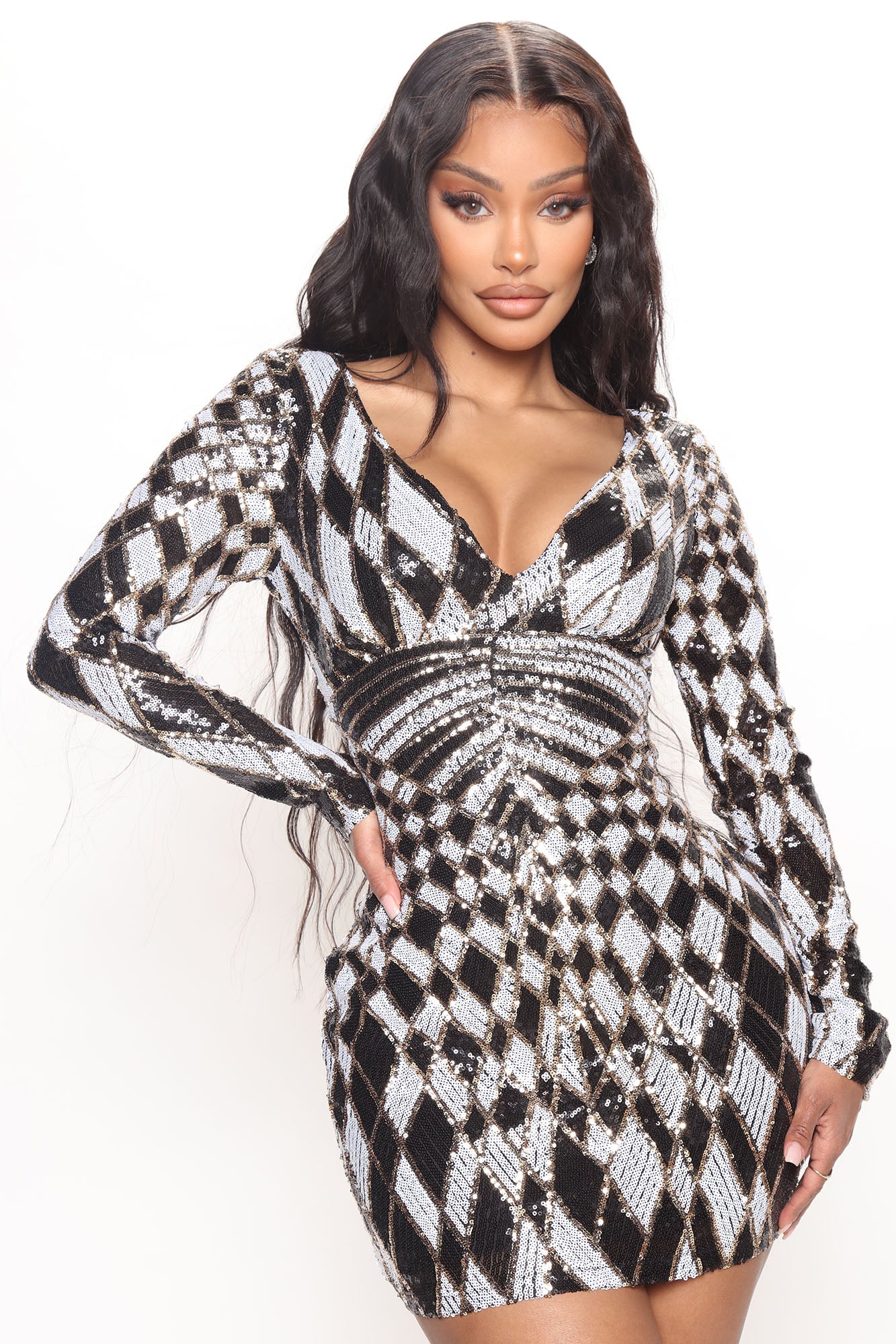 Ariella Sequin Mini Dress - Black/White