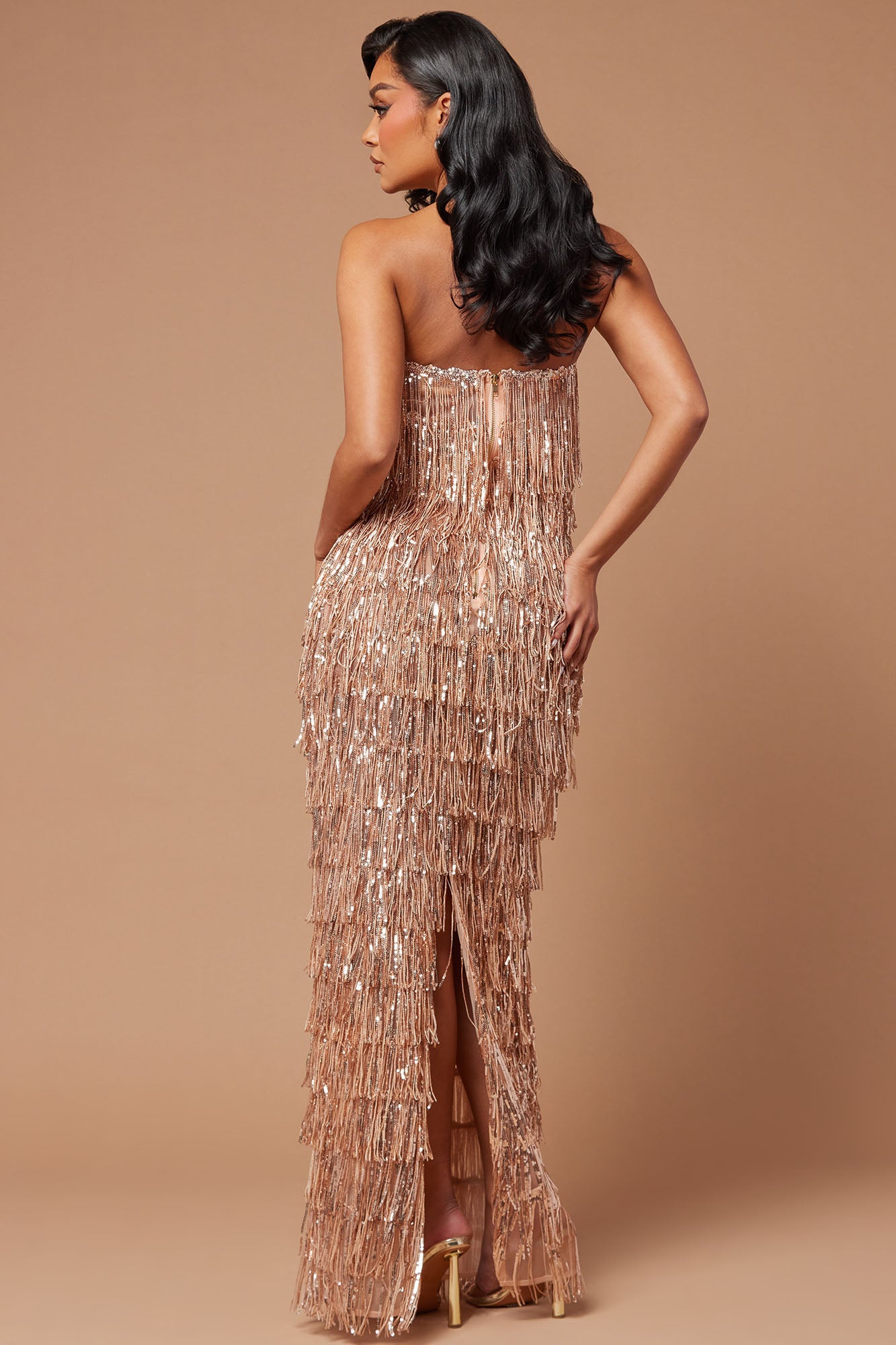 Chantilly Sequin Fringe Maxi Dress - Rose Gold