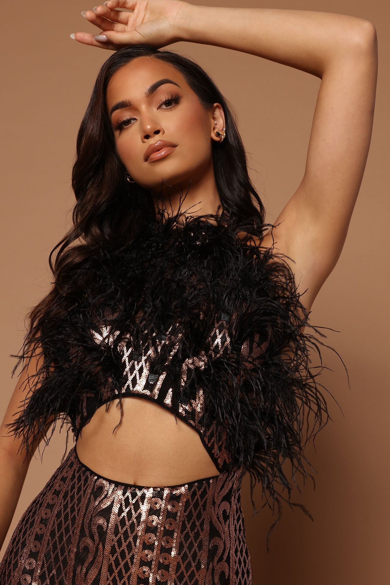 Carolina Feather Embellished Maxi Dress - Black/Rose Gold