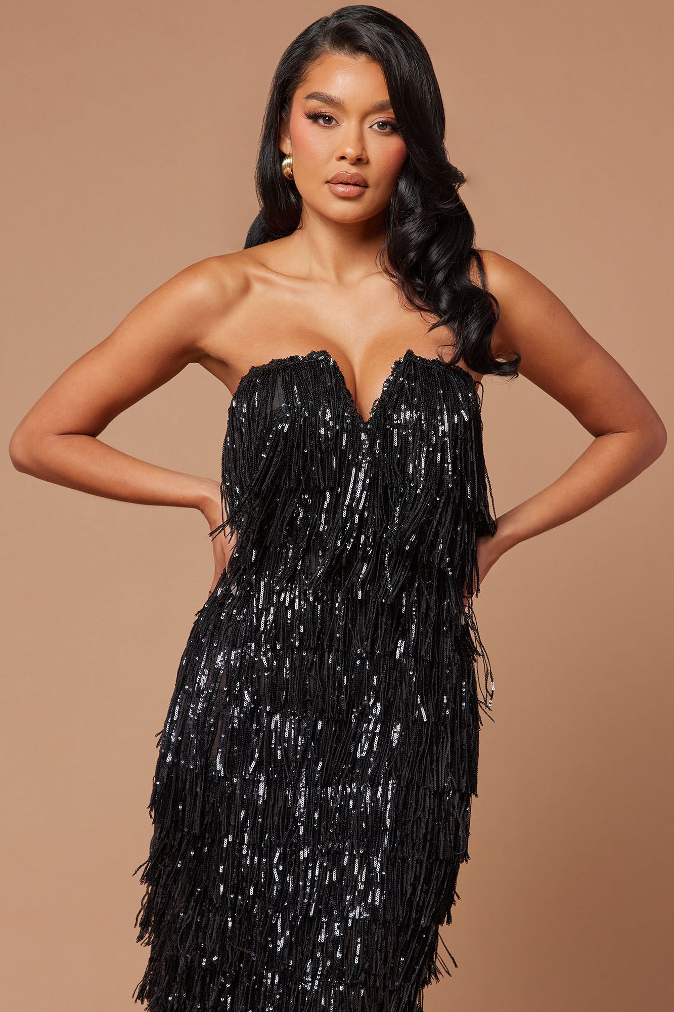 Chantilly Sequin Fringe Maxi Dress - Black