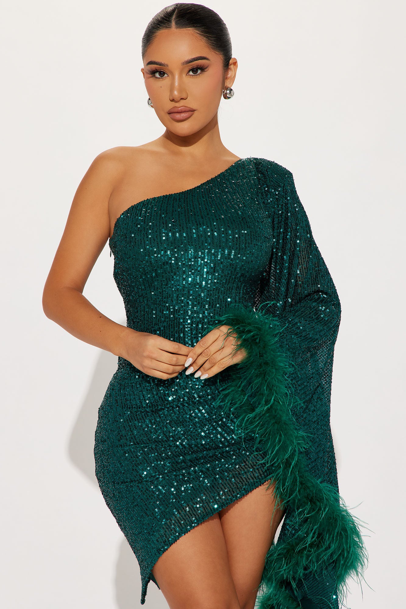 All The Glam Feathered Mini Dress - Hunter