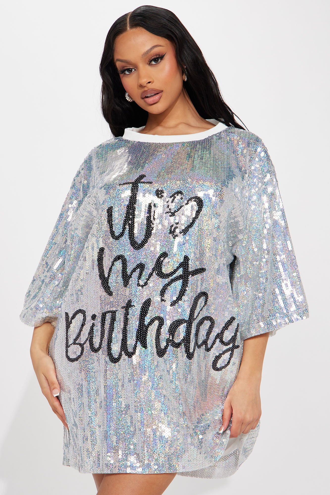 Birthday Queen Sequin Shirt Dress - Silver/Black