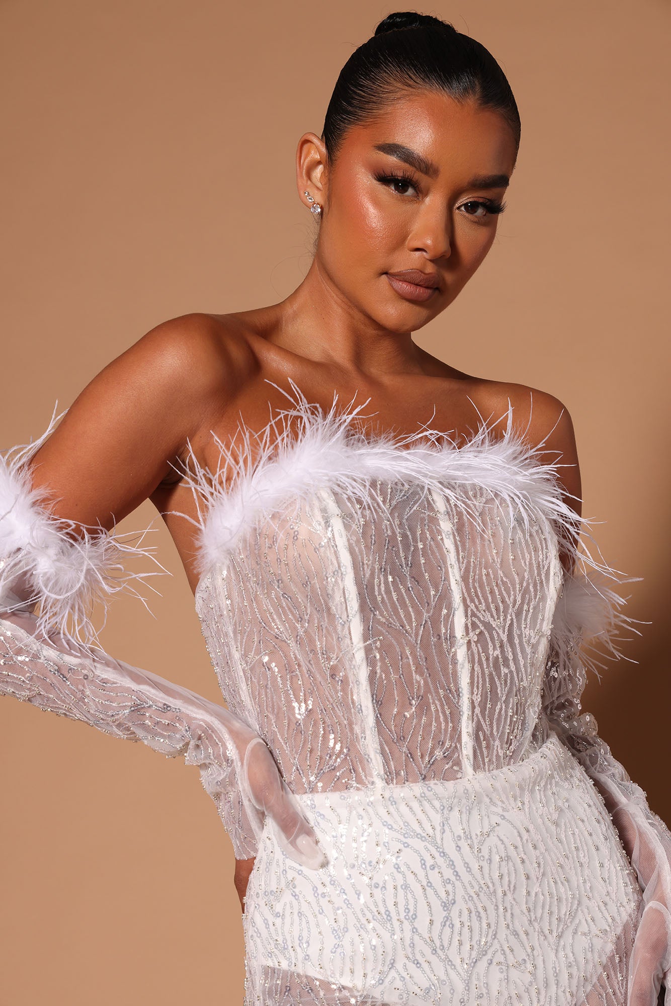 Cheri Sequin Mesh Feather Trim Maxi Dress - White