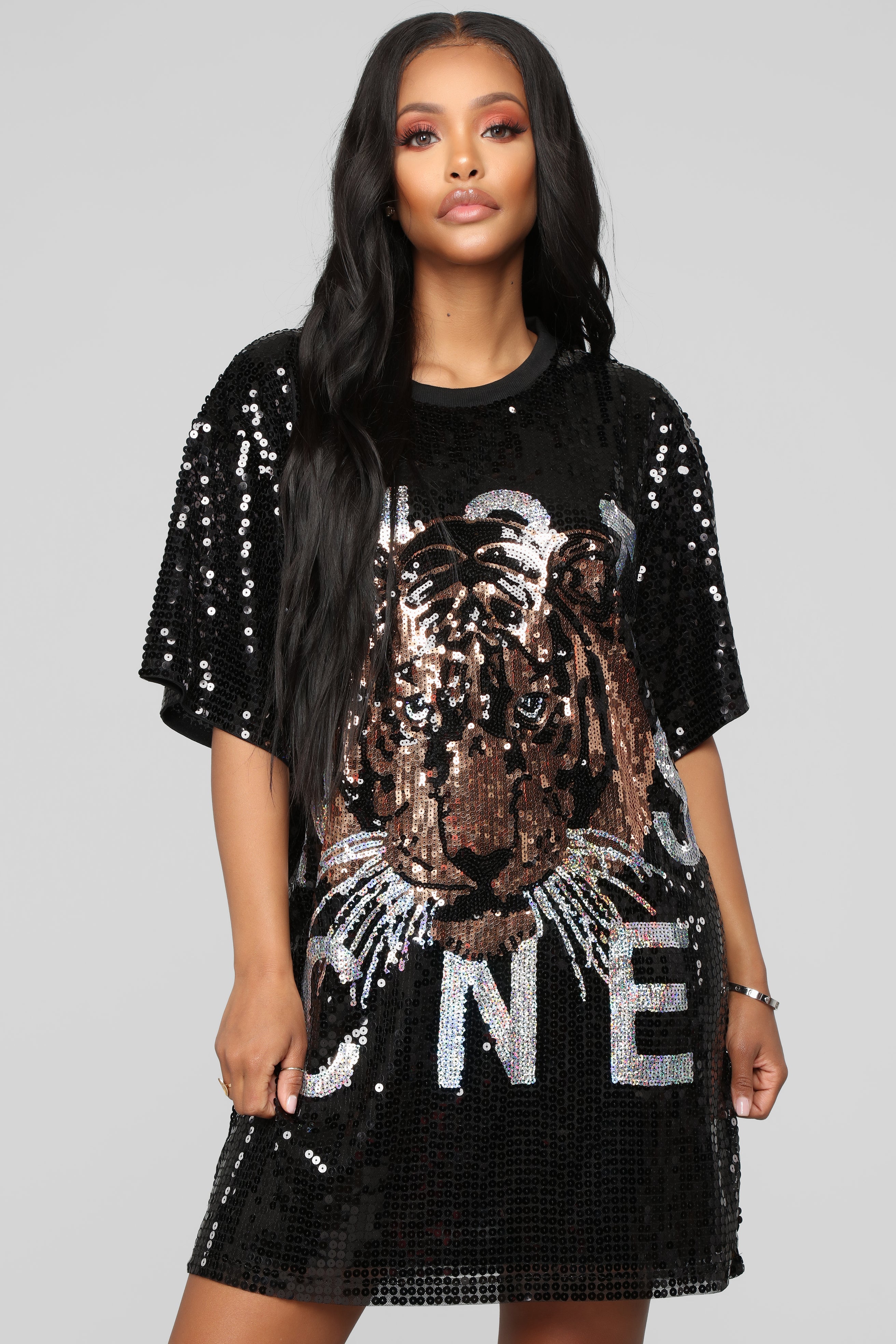 Animal Inside Me Sequin Shirt Dress - Black