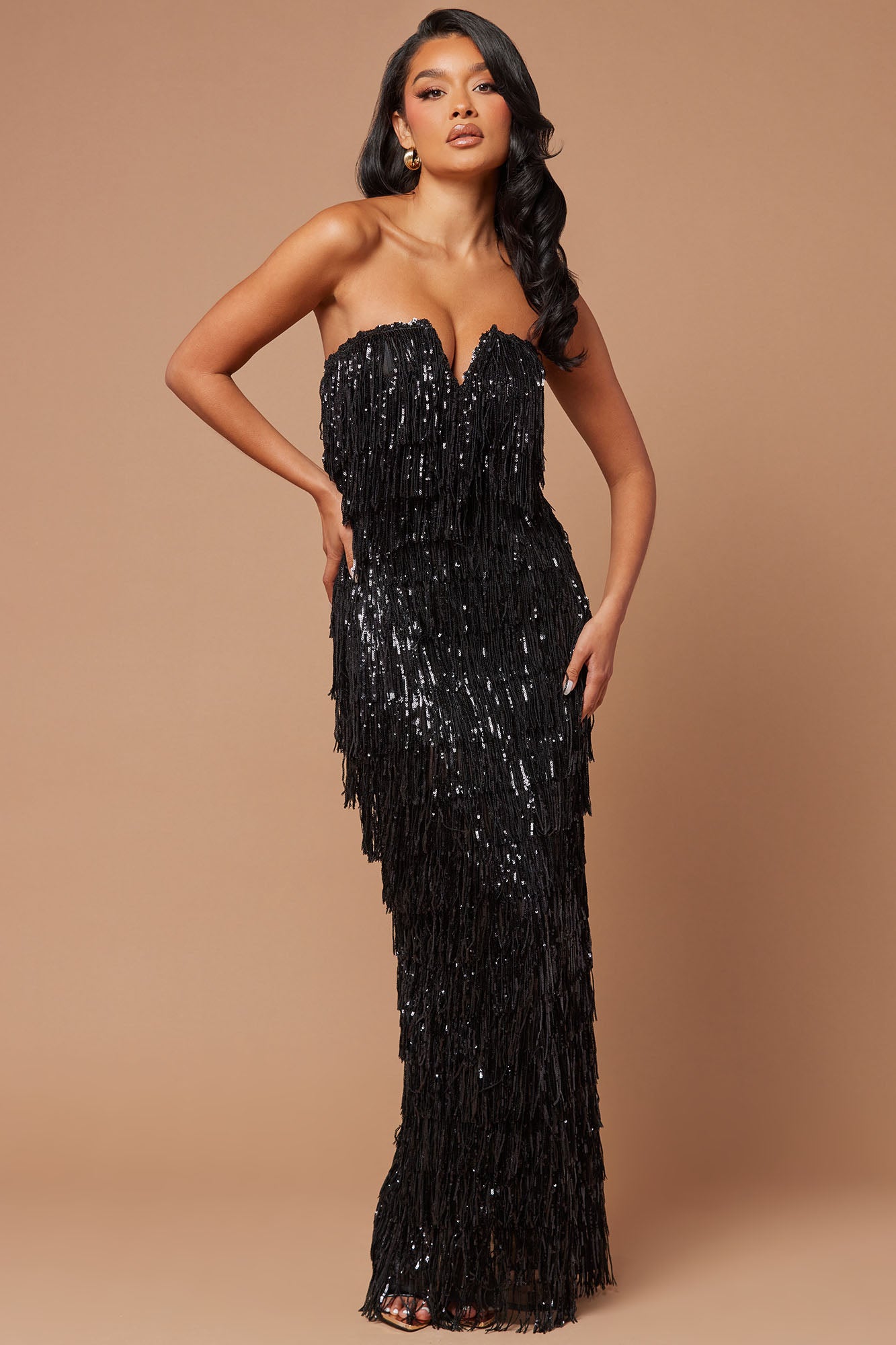 Chantilly Sequin Fringe Maxi Dress - Black