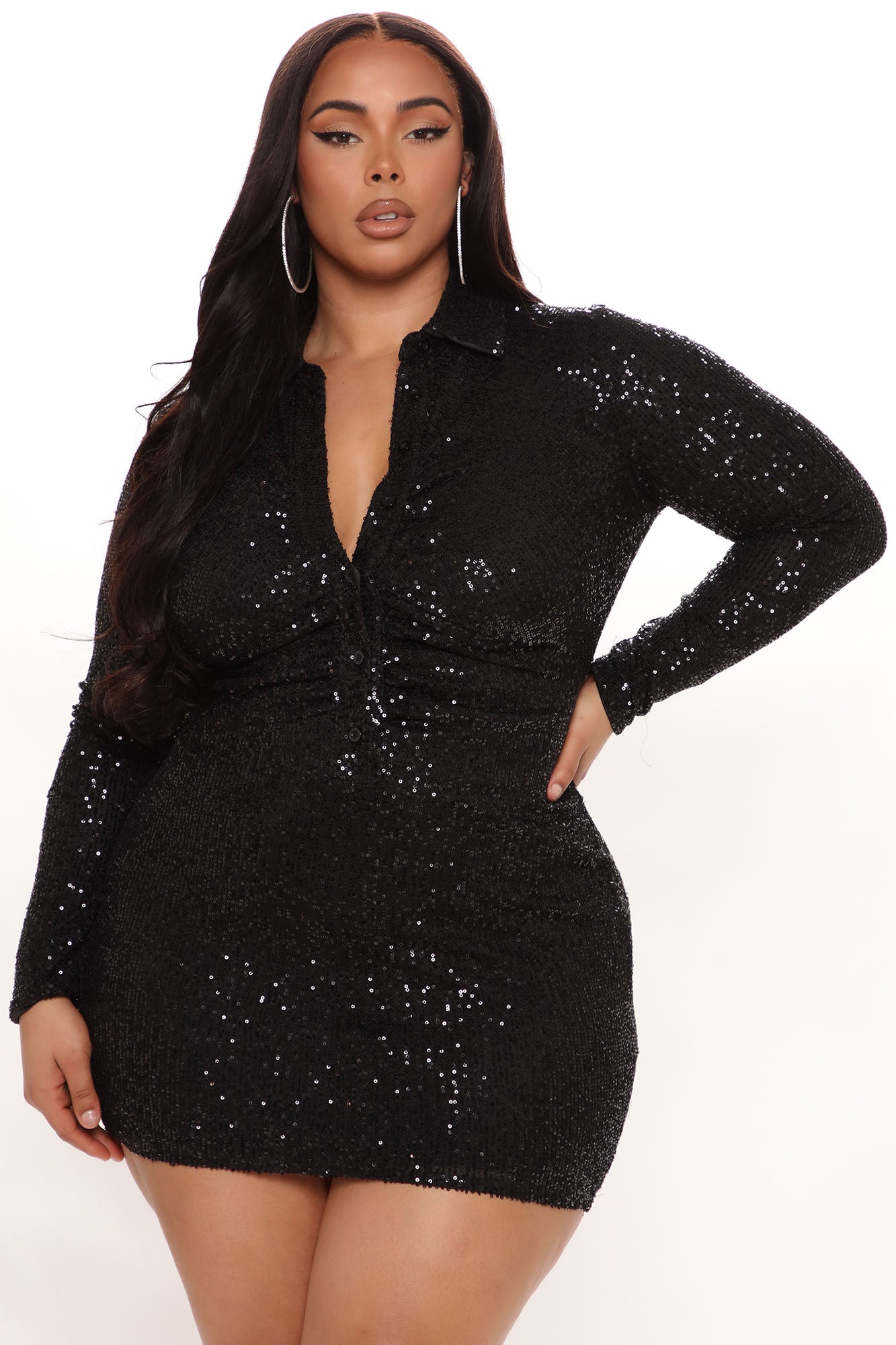 Brilliant Shine Sequin Shirt Dress - Black