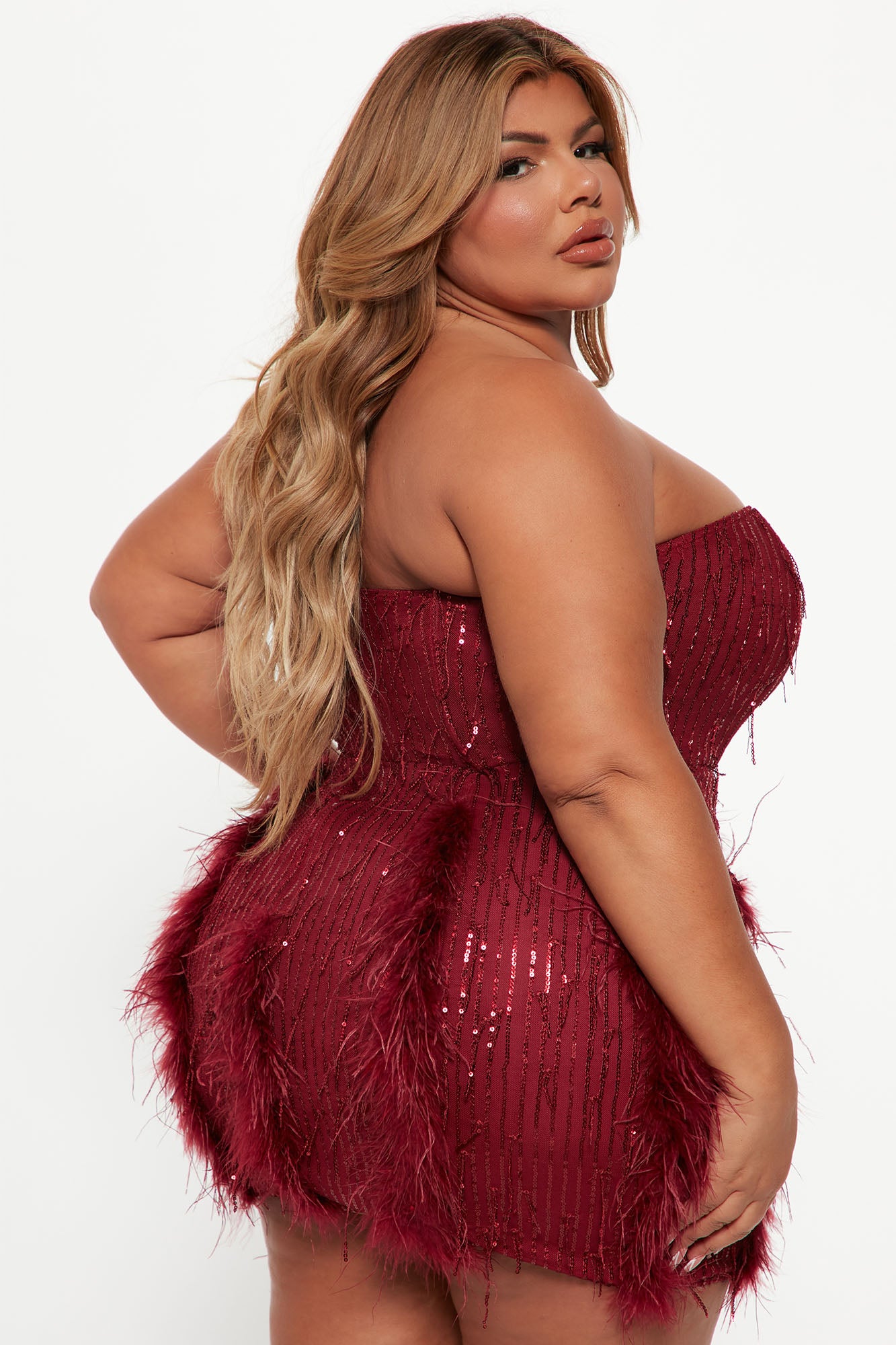 Call Me Feather Sequin Mini Dress - Burgundy