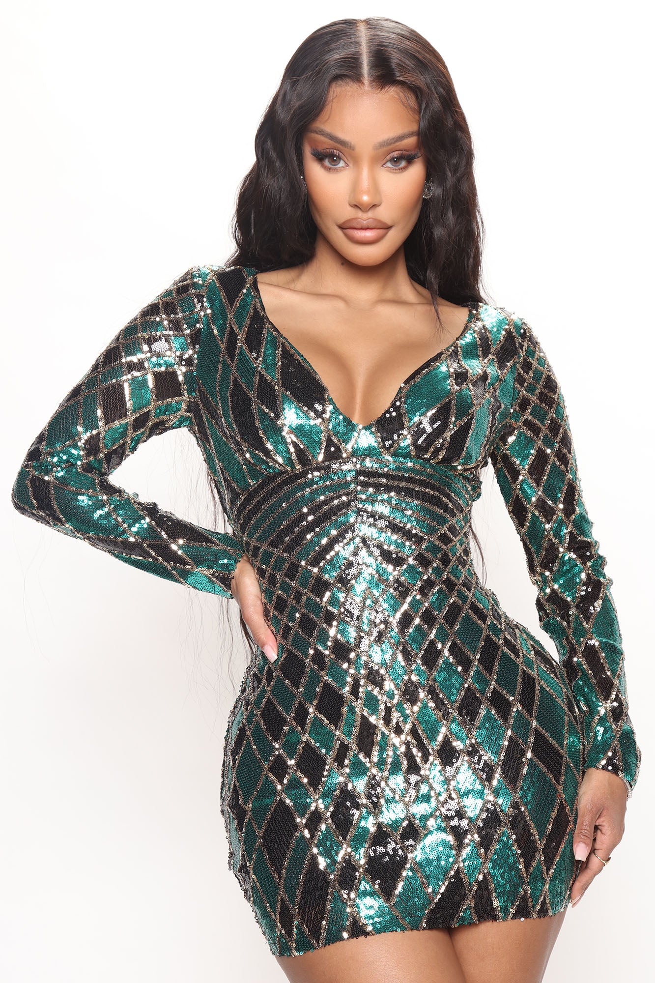 Ariella Sequin Mini Dress - Green/combo