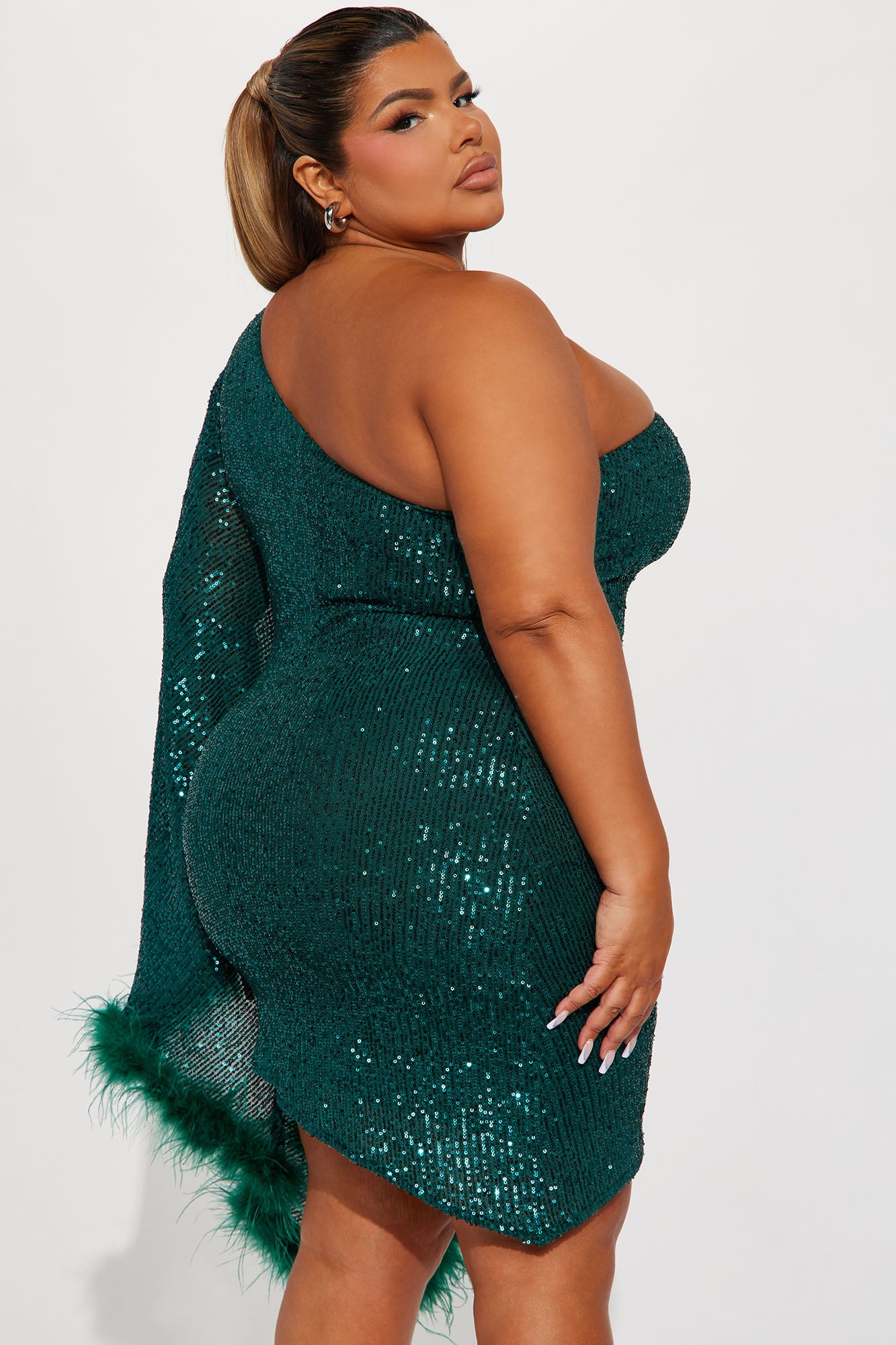 All The Glam Feathered Mini Dress - Hunter